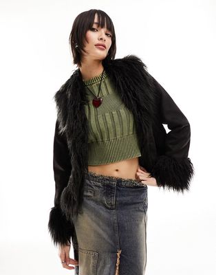 Only suedette jacket with faux fur trim in black