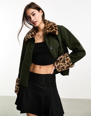 Only tailored jacket with removable leopard faux fur in khaki-Multi