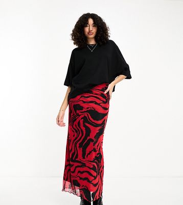 Only Tall mesh maxi skirt in red and black swirl