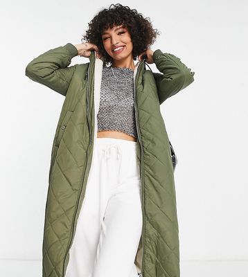 Only Tall quilted longline coat with teddy hood in khaki-Green