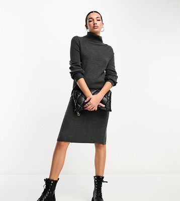 Only Tall roll neck puff sleeve knitted midi sweater dress in charcoal-Gray
