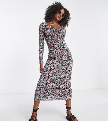 Only Tall tie detail body-conscious maxi dress in black floral-Multi