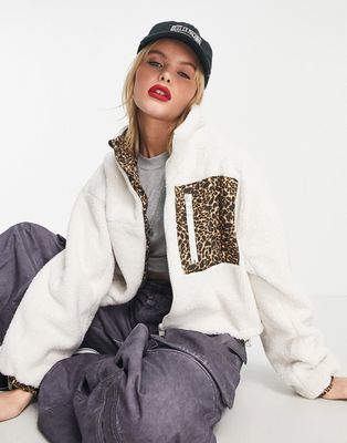 Only teddy fleece jacket with leopard print pocket in cream-White
