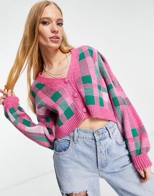 Only textured cardigan in pink and green check-Multi