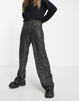 Only textured wide leg pants in black and gold print