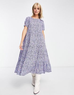 Only tiered midi dress in blue floral-Multi