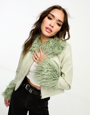 Only vinyl shaggy faux fur trim jacket in sage-Green