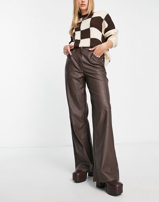 Only wide leg faux leather pants in brown