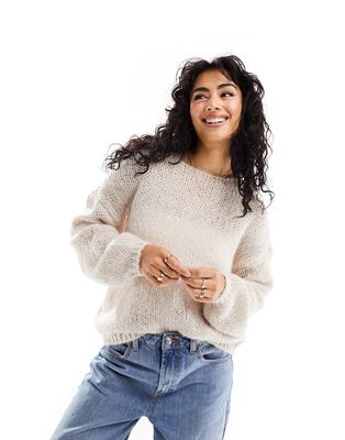 Only wide neck oversized sleeve sweater in cream-White