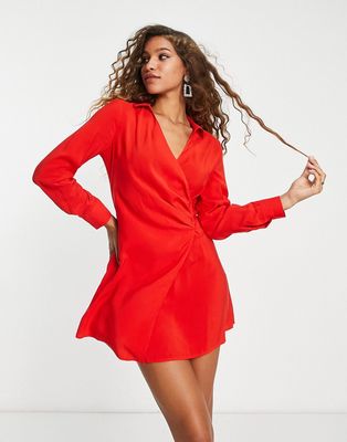 Only wrap mini shirt dress in bright red-Blue