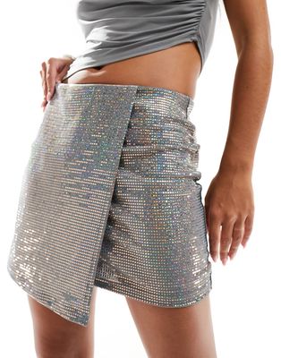 Only wrap mini skirt in silver sequin