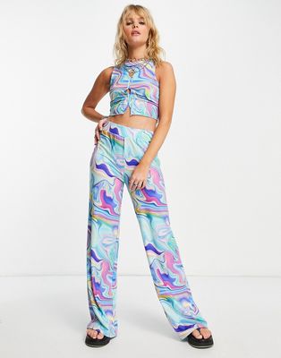 Only x Neon & Nylon straight leg pants in blue marble print - part of a set-Multi
