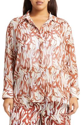 Open Edit Abstract Print Oversize Sheer Button-Up Shirt in Purple Lava Abstract