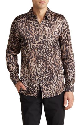 Open Edit Animal Print Satin Button-Up Shirt in Brown Seal Cheetah