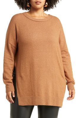 Open Edit Asymmetric Side Slit Hem Tunic Sweater in Brown Toffee