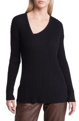 Open Edit Asymmetric V-Neck Tunic Sweater in Black