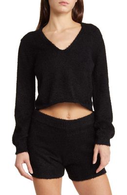 Open Edit Bouclette Crop Top & Shorts Pajamas in Black