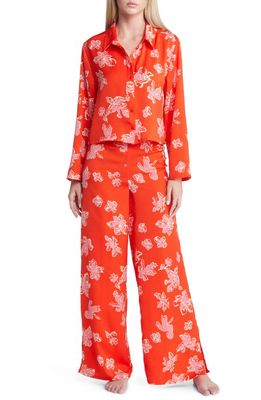Open Edit Boxy Satin Two-Piece Pajama Set in Red Alert Shadow Floral