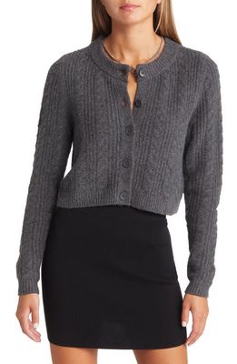 Open Edit Cable Knit Crop Cardigan in Grey Medium Charcoal Heather