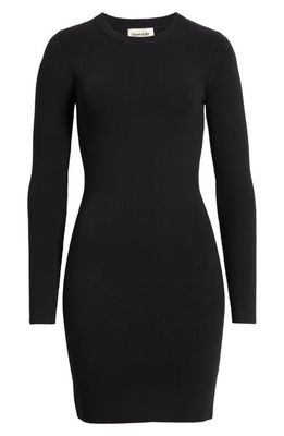 Open Edit Compact Long Sleeve Rib Sweater Dress in Black