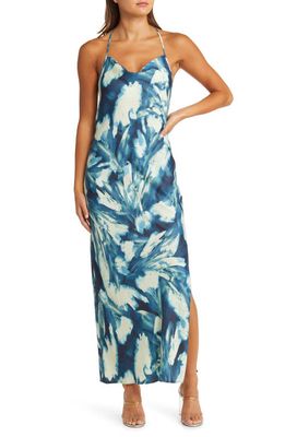 Open Edit Cowl Back Satin Nightgown in Blue Painterly Abstract Floral