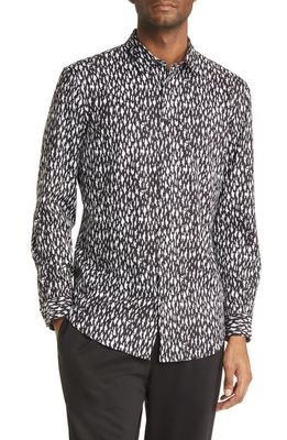 Open Edit Extra Trim Fit Print Stretch Button-Up Shirt in Black- White Abstract Camo