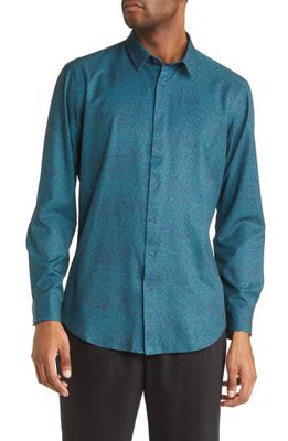 Open Edit Extra Trim Fit Print Stretch Button-Up Shirt in Teal- Navy Canyon Lands