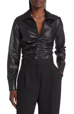 Open Edit Faux Leather Button-Up Shirt in Black