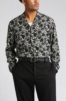 Open Edit Floral Long Sleeve Button-Up Camp Shirt in Black- Purple Dark Floral