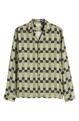 Open Edit Geo Print Long Sleeve Camp Shirt in Olive- Black Woven Check