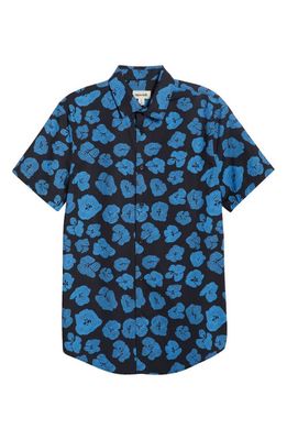 Open Edit Geometric Poppy Print Stretch Poplin Camp Shirt in Black - Blue Poppy Geo