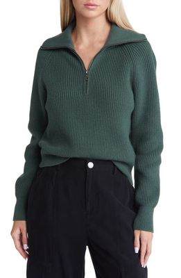 Open Edit Half Zip Cotton Blend Rib Sweater in Green Cilantro