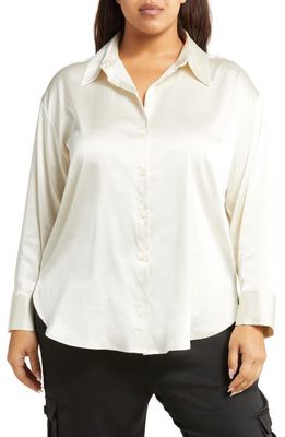 Open Edit High-Low Satin Button-Up Shirt in Ivory Dove