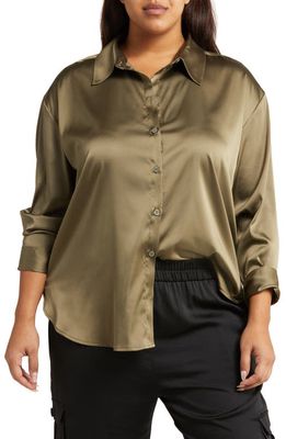 Open Edit High-Low Satin Button-Up Shirt in Olive Dusk