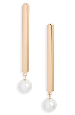 Open Edit Imitation Pearl Bar Drop Earrings in White- Gold