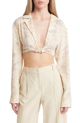 Open Edit Knot Crop Camp Shirt in Ivory/Icicle Safari Wave