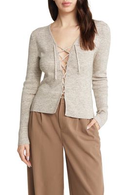Open Edit Lace-Up Long Sleeve Sweater in Brown- Ivory Spacedye