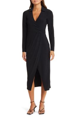 Open Edit Long Sleeve Faux Wrap Jersey Dress in Black