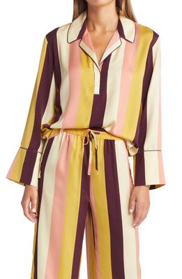 Open Edit Long Sleeve Satin Pajama Top in Pink Dawn Barred Stripe
