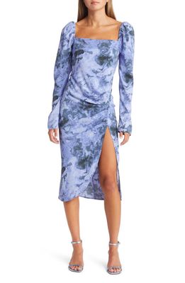 Open Edit Marbled Long Sleeve Midi Dress in Blue Geode Marble