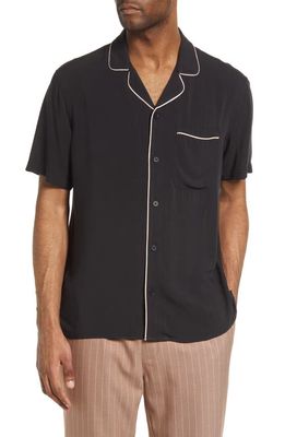 Open Edit Men's Relaxed Fit Short Sleeve Camp Shirt in Black - Pink Piping Trim