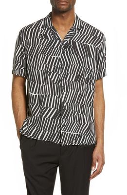 Open Edit Men's Short Sleeve Button-Up Camp Shirt in Black- White Fractured Lines
