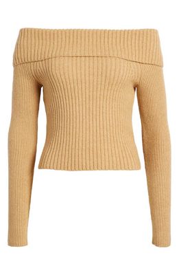 Open Edit Off the Shoulder Rib Sweater in Tan Cartouche