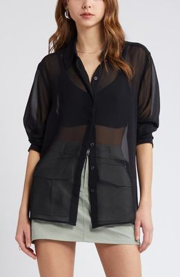 Open Edit Oversize Semisheer Button-Up Shirt in Black