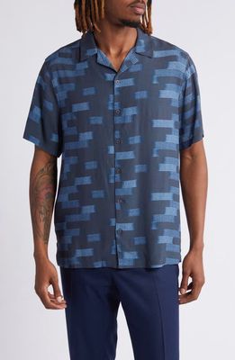 Open Edit Relax Geo Pattern Camp Shirt in Navy Ambient Stripe