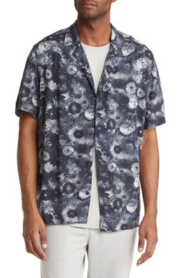 Open Edit Relaxed Fit Floral Short Sleeve Button-Up Camp Shirt in Grey Silk- Black Dark Veils
