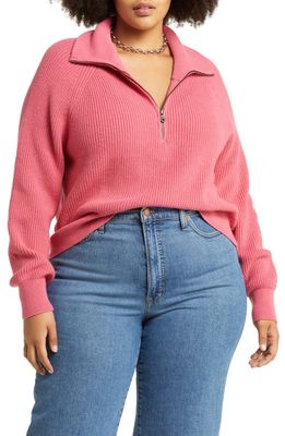 Open Edit Ribbed Half Zip Cotton Blend Sweater in Pink Rapture