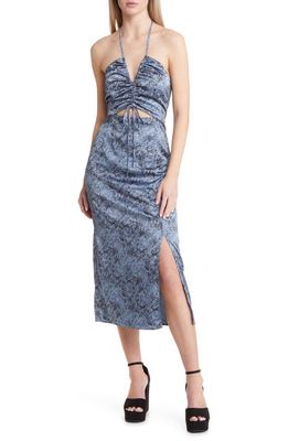 Open Edit Ruched Cutout Halter Dress in Blue Chambray Marble Smoke