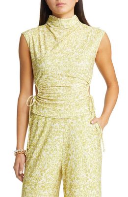 Open Edit Ruched Cutout Mock Neck Top in Ivory Olive Psych Blooms