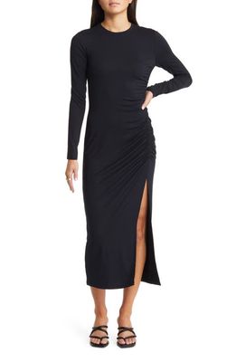 Open Edit Ruched Long Sleeve Midi Dress in Black